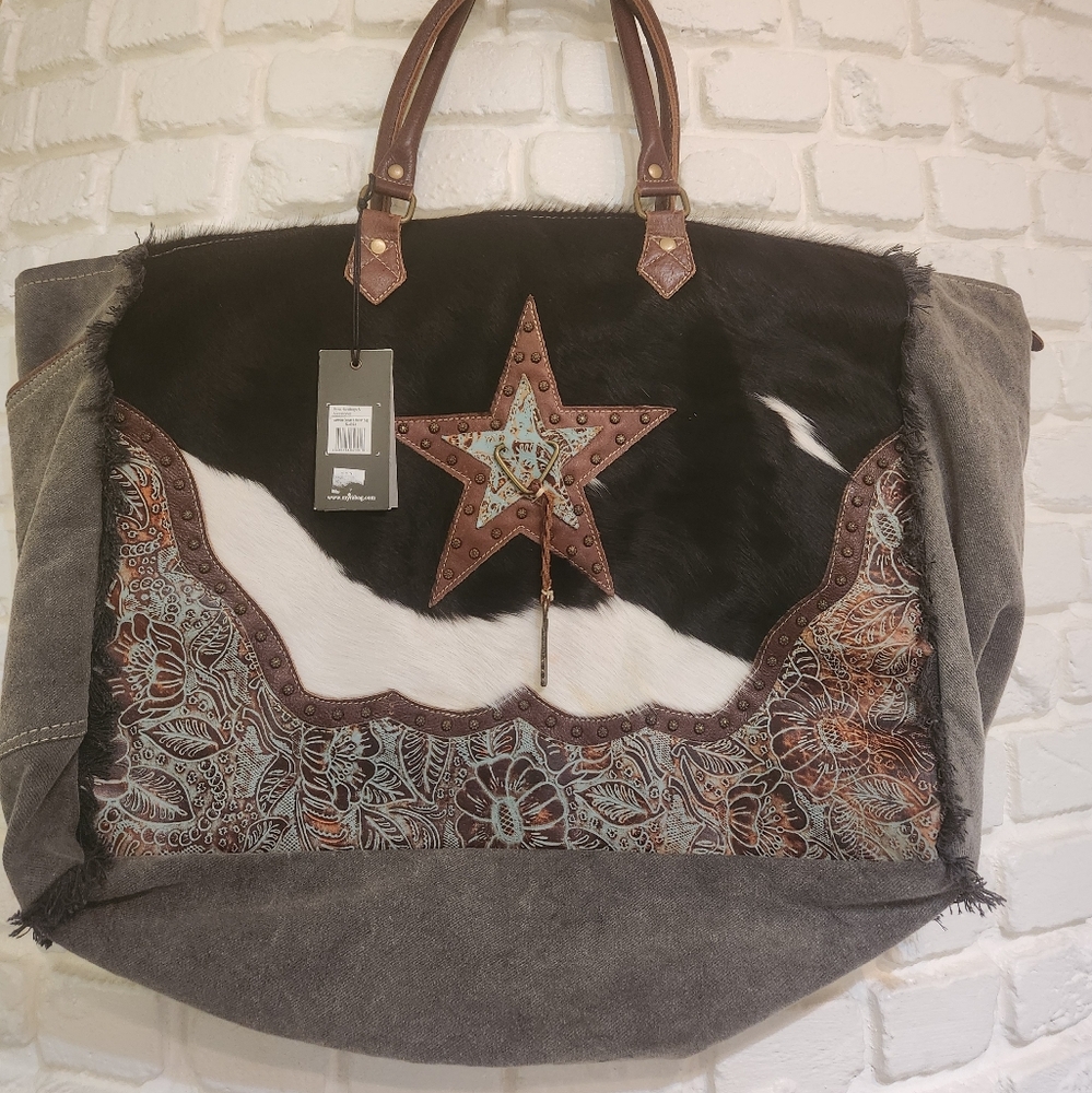 Myra Bags NEW Xlarge Gray Canvas Black Hairon Leather Western Star Weekender Bag